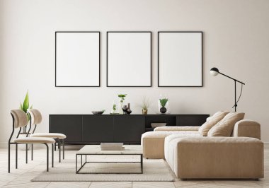 Modern iç plan, oturma odası, İskandinav tarzı, 3D çizim, 3D resim