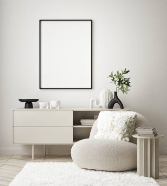Modern iç plan, oturma odası, İskandinav tarzı, 3D çizim, 3D resim