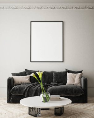 Modern iç plan, oturma odası, İskandinav tarzı, 3D çizim, 3D resim