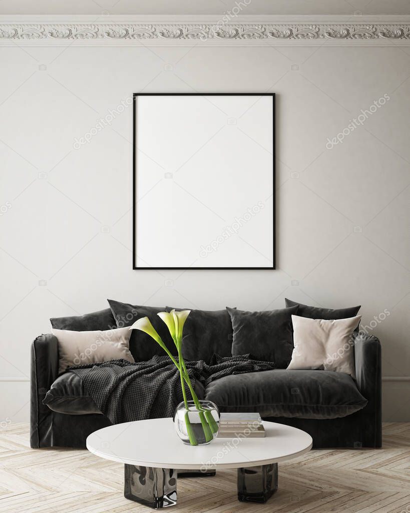 mock up poster frame in modern interior background, living room, Scandinavian style, 3D render, 3D illustration