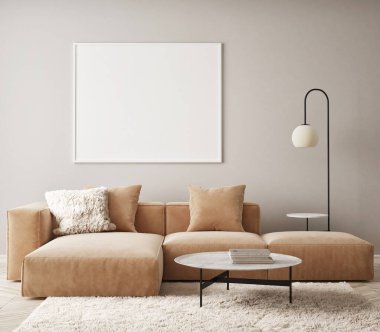 Modern iç plan, oturma odası, İskandinav tarzı, 3D çizim, 3D resim