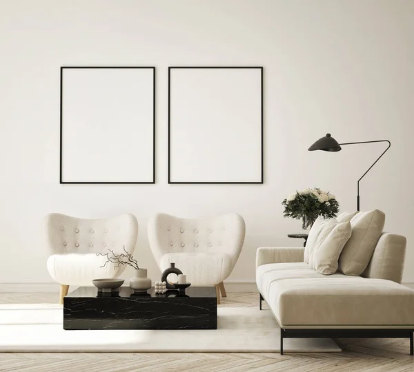 Model Poster Frame Moderne Interieur Achtergrond Woonkamer Scandinavische Stijl Render — Stockfoto