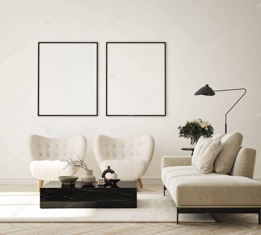 mock up poster frame in modern interior background, living room, Scandinavian style, 3D render, 3D illustration