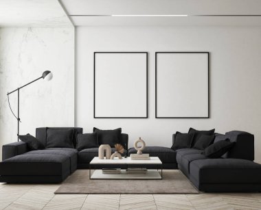 Modern iç plan, oturma odası, İskandinav tarzı, 3D çizim, 3D resim