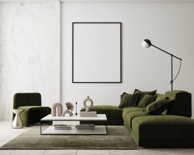 Modern iç plan, oturma odası, İskandinav tarzı, 3D çizim, 3D resim