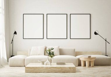 Modern iç plan, oturma odası, İskandinav tarzı, 3D çizim, 3D resim