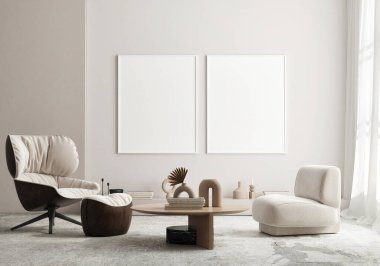 Modern iç plan, oturma odası, İskandinav tarzı, 3D çizim, 3D resim