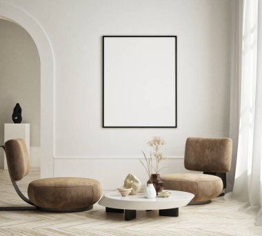 Modern iç plan, oturma odası, İskandinav tarzı, 3D çizim, 3D resim