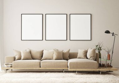 Modern iç plan, oturma odası, İskandinav tarzı, 3D çizim, 3D resim