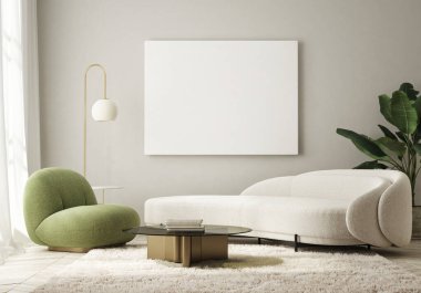 Modern iç plan, oturma odası, İskandinav tarzı, 3D çizim, 3D resim