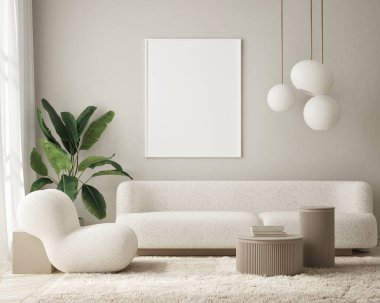 Modern iç plan, oturma odası, İskandinav tarzı, 3D çizim, 3D resim