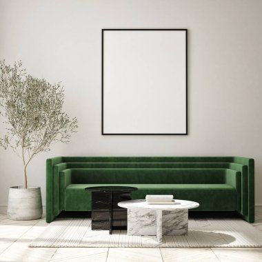 Modern iç plan, oturma odası, İskandinav tarzı, 3D çizim, 3D resim