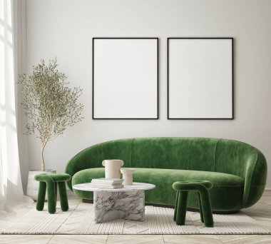 Modern iç plan, oturma odası, İskandinav tarzı, 3D çizim, 3D resim