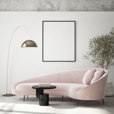 Modern iç plan, oturma odası, İskandinav tarzı, 3D çizim, 3D resim