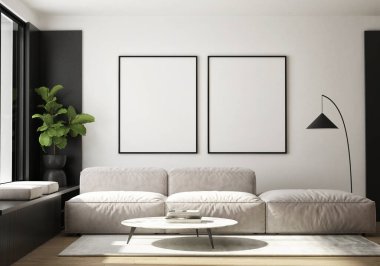 Modern iç plan, oturma odası, İskandinav tarzı, 3D çizim, 3D resim