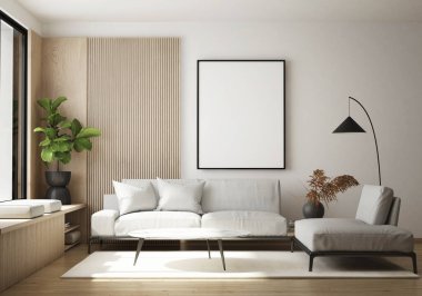 Modern iç plan, oturma odası, İskandinav tarzı, 3D çizim, 3D resim