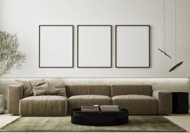 Modern iç plan, oturma odası, İskandinav tarzı, 3D çizim, 3D resim