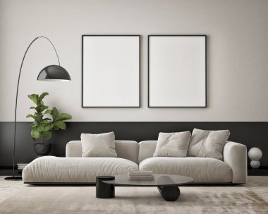 Modern iç plan, oturma odası, İskandinav tarzı, 3D çizim, 3D resim