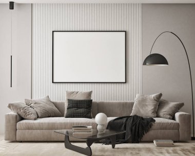 Modern iç plan, oturma odası, İskandinav tarzı, 3D çizim, 3D resim