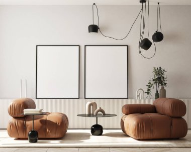 Modern iç plan, oturma odası, İskandinav tarzı, 3D çizim, 3D resim