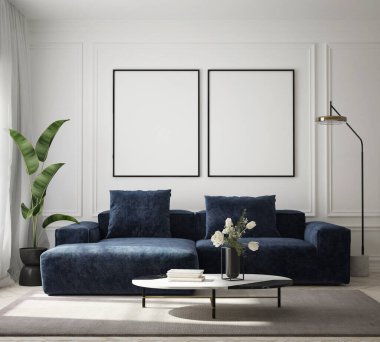 Modern iç plan, oturma odası, İskandinav tarzı, 3D çizim, 3D resim