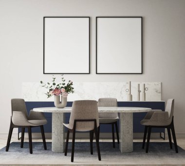 Modern iç mekan, yemek odası, oturma odası, İskandinav tarzı, 3 boyutlu resim, 3 boyutlu resim.