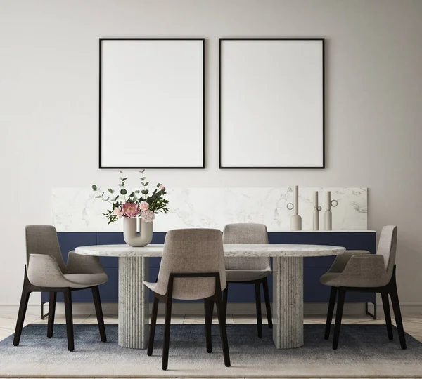 Modern iç mekan, yemek odası, oturma odası, İskandinav tarzı, 3 boyutlu resim, 3 boyutlu resim.