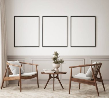 Modern iç plan, oturma odası, İskandinav tarzı, 3D çizim, 3D resim