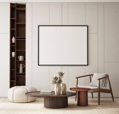 Modern iç plan, oturma odası, İskandinav tarzı, 3D çizim, 3D resim