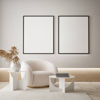 Modern iç plan, oturma odası, İskandinav tarzı, 3D çizim, 3D resim