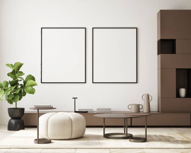 Modern iç plan, oturma odası, İskandinav tarzı, 3D çizim, 3D resim
