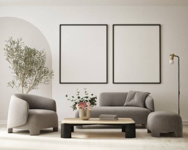 Modern iç plan, oturma odası, İskandinav tarzı, 3D çizim, 3D resim