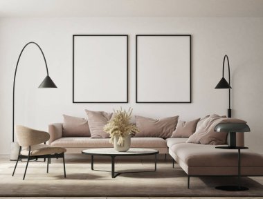 Modern iç plan, oturma odası, İskandinav tarzı, 3D çizim, 3D resim