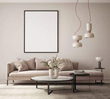 Modern iç plan, oturma odası, İskandinav tarzı, 3D çizim, 3D resim