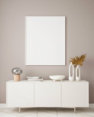 Modern iç plan, oturma odası, İskandinav tarzı, 3D çizim, 3D resim