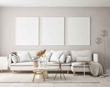 Modern iç plan, oturma odası, İskandinav tarzı, 3D çizim, 3D resim