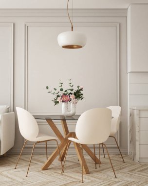 Modern iç plan, oturma odası, İskandinav tarzı, 3D çizim, 3D resim