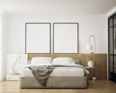 Modern iç plan, oturma odası, İskandinav tarzı, 3D çizim, 3D resim