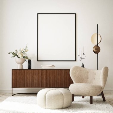 Modern iç plan, oturma odası, İskandinav tarzı, 3D çizim, 3D resim