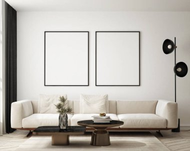 Modern iç plan, oturma odası, İskandinav tarzı, 3D çizim, 3D resim