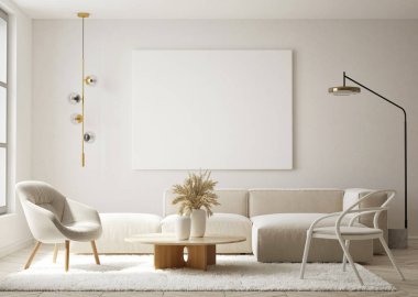 Modern iç plan, oturma odası, İskandinav tarzı, 3D çizim, 3D resim