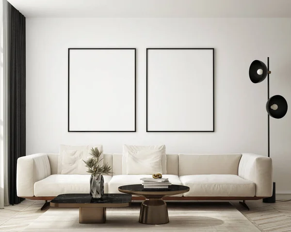 Model Poster Frame Moderne Interieur Achtergrond Woonkamer Scandinavische Stijl Render — Stockfoto