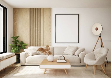 Modern iç plan, oturma odası, İskandinav tarzı, 3D çizim, 3D resim