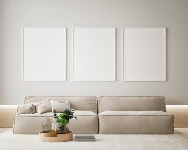 Modern iç plan, oturma odası, İskandinav tarzı, 3D çizim, 3D resim