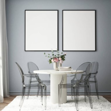 Modern iç plan, oturma odası, İskandinav tarzı, 3D çizim, 3D resim