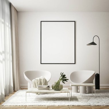 Modern iç plan, oturma odası, İskandinav tarzı, 3D çizim, 3D resim