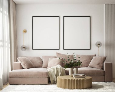 Modern iç plan, oturma odası, İskandinav tarzı, 3D çizim, 3D resim