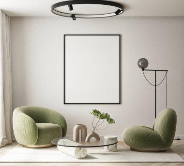 Modern iç plan, oturma odası, İskandinav tarzı, 3D çizim, 3D resim