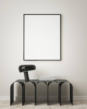 Modern iç plan, oturma odası, İskandinav tarzı, 3D çizim, 3D resim