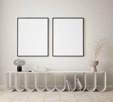 Modern iç plan, oturma odası, İskandinav tarzı, 3D çizim, 3D resim